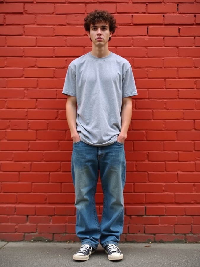 The rated outfit: grey t-shirt, loose faded jeans and canvas sneakers against a red brick wall