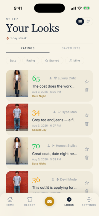 A saved gallery of past outfits and their scores in the Stilez app
