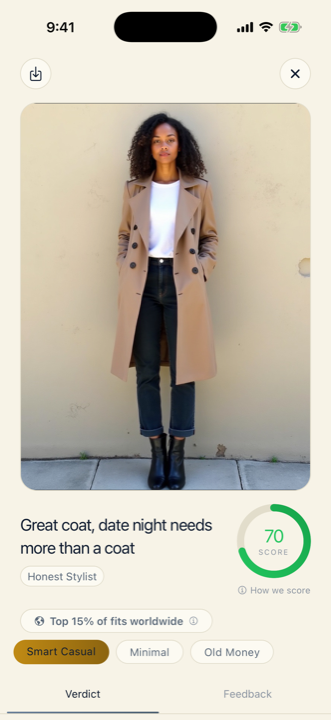 A Stilez verdict: a coat-and-jeans outfit scored 70 out of 100 by the Honest Stylist critic
