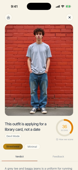 A blunt Devil Mode critique of an outfit inside the Stilez app