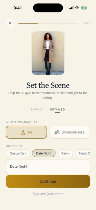 Choosing an occasion like date night or interview in the Stilez app